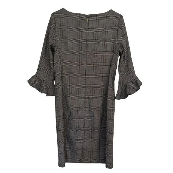 Karl Lagerfeld Sz 8 Plaid Ponte Knit Bell Ruffle Sleeve Sheath Dress Black White - Picture 2 of 8